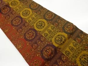 横段に鳥・草花模様織出し名古屋帯